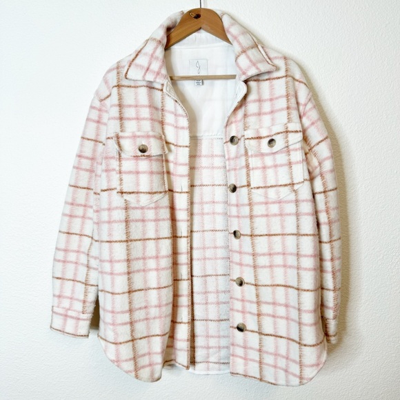 Joie Jackets & Blazers - Joie Ivory Pink Plaid Oversized Shirt Jacket Shacket Size Small